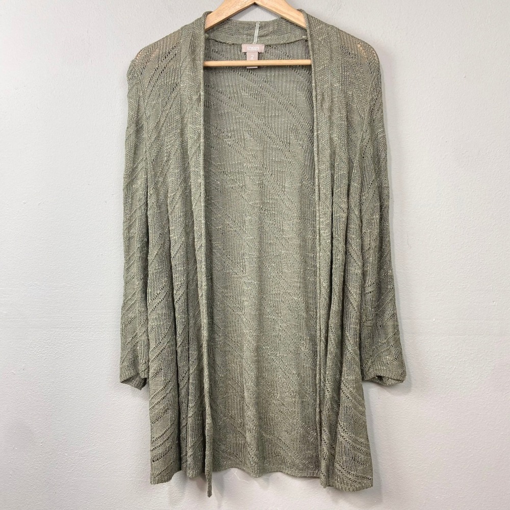 Chico's Open Front Cardigan Sweater Women Sz L Olive Green Pointelle Linen Blend